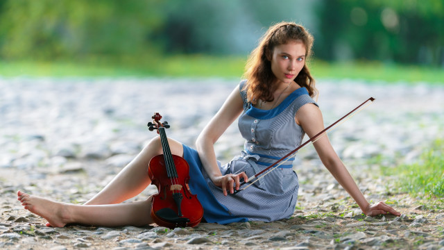 Woman sitting violin field blurry free wallpaper - medium preview image