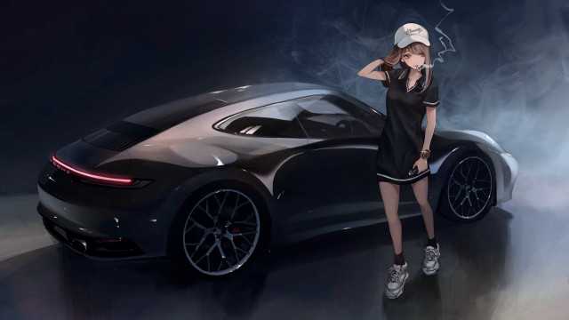 Woman black dress hat car free wallpaper - medium preview image