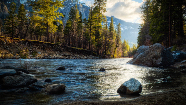River rocks trees mountain sky free wallpaper - medium preview image
