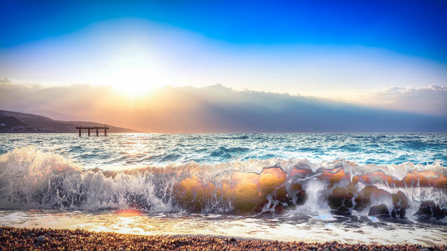 Beach waves pier sunset ocean free wallpaper - medium preview image