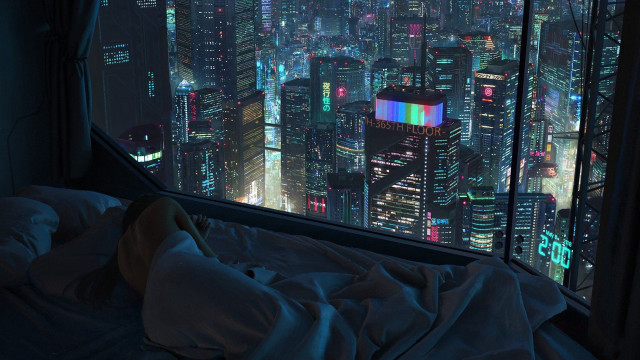 Bed cityscape neon night fireworks free wallpaper - medium preview image