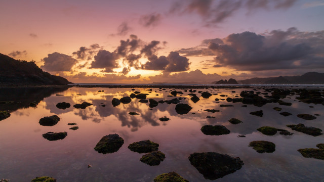 Sunset water rocks clouds mountain free wallpaper - medium preview image