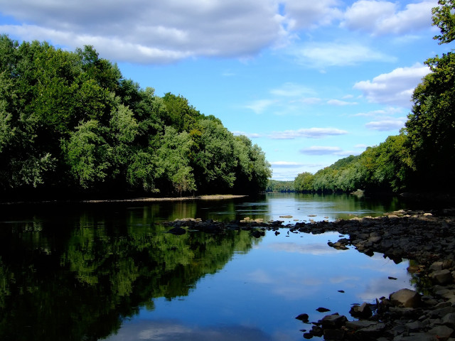 River rocks trees clouds sky free wallpaper - medium preview image