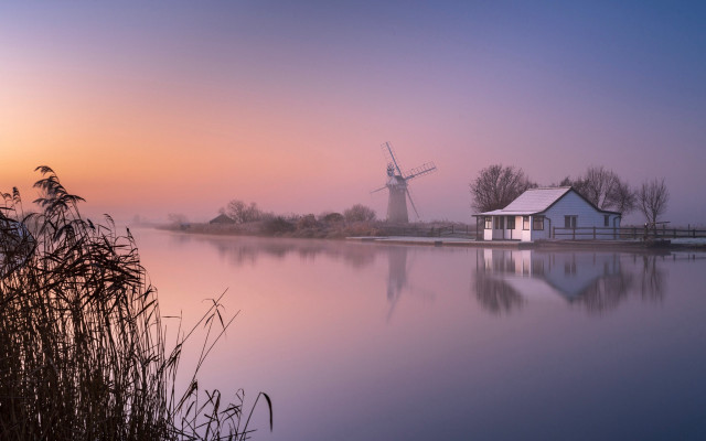 Windmill foggy lake reeds house free wallpaper - medium preview image