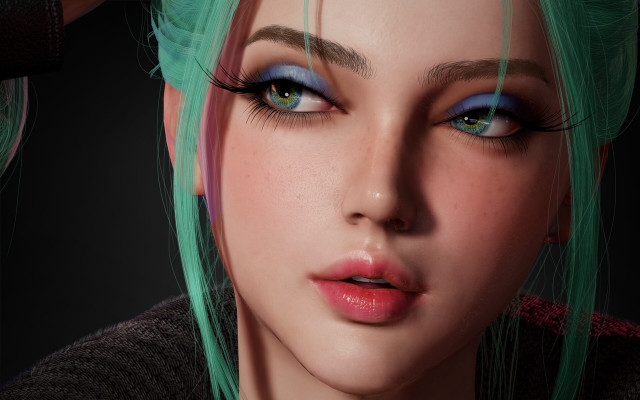 Green hair blue eyes portrait free wallpaper - medium preview image