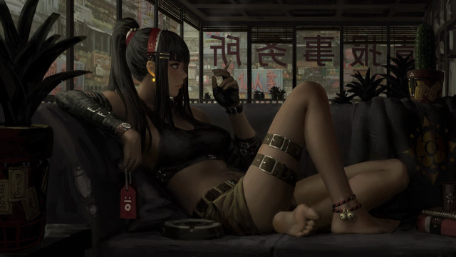 Cyberpunk woman bikini couch gun free wallpaper - medium preview image
