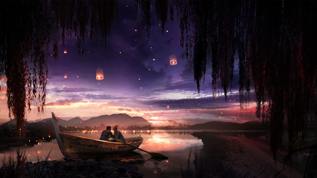 Night lake boat lanterns moon free wallpaper - medium preview image