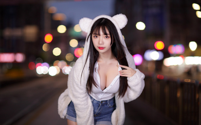 Woman bear costume night street free wallpaper - medium preview image