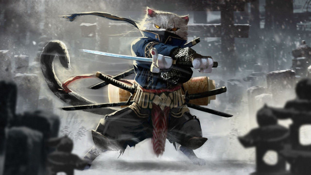 Cat samurai snow blurry armor free wallpaper - medium preview image