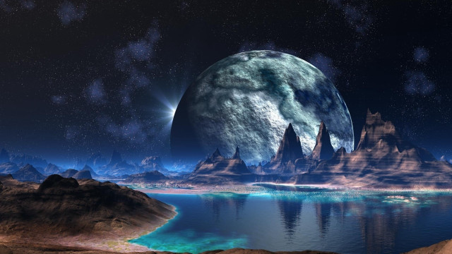 Planet lake mountains starry sky free wallpaper - medium preview image