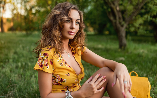 Woman grass yellow purse nature free wallpaper - medium preview image