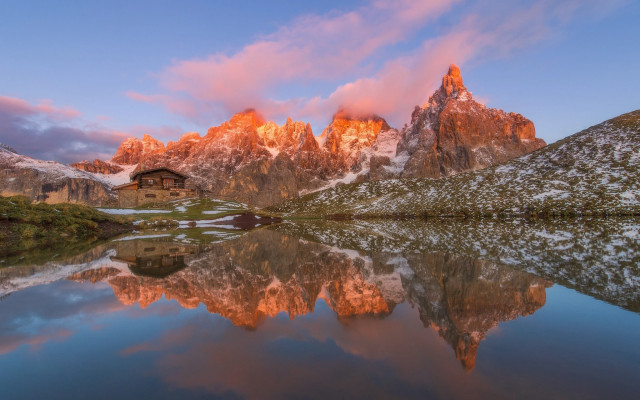 Mountain lake house pink sky free wallpaper - medium preview image