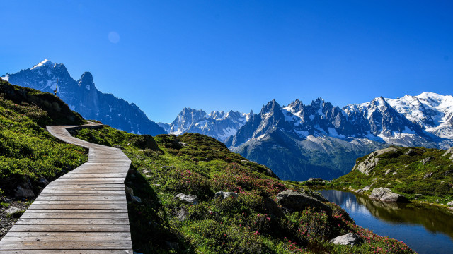 Wooden path mountain lake snowy free wallpaper - medium preview image