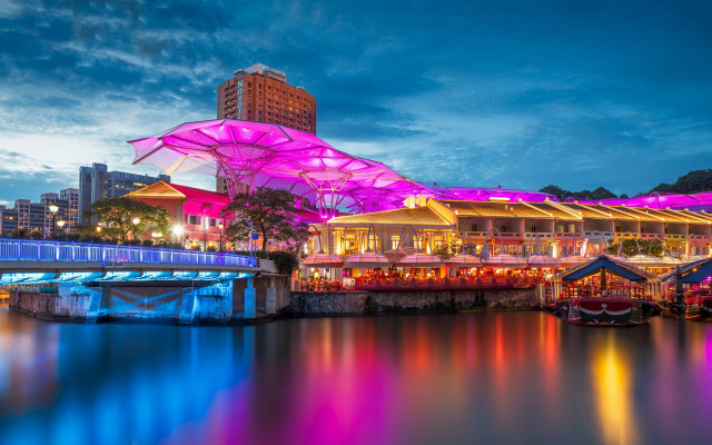 Large building umbrella river cityscape free wallpaper - medium preview image