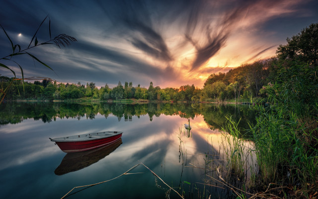 Boat sunset reflection lake mountains free wallpaper - medium preview image