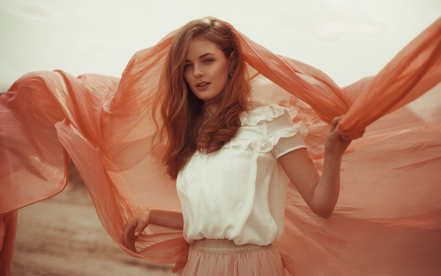 Woman pink scarf white shirt free wallpaper - medium preview image