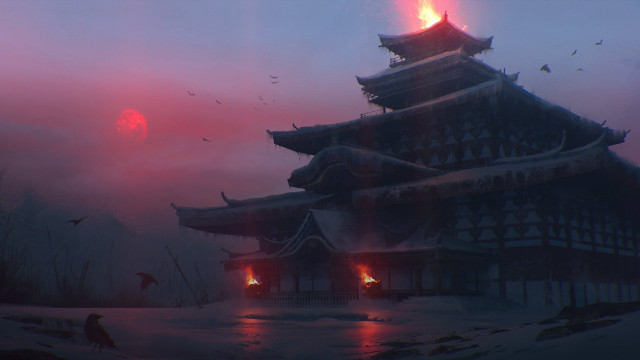 Snowy night building lights birds free wallpaper - medium preview image