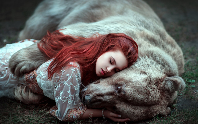 Woman bear redhair closedeyes art free wallpaper - medium preview image