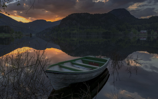 Sunset mountains boat water clouds free wallpaper - medium preview image