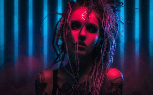 Woman dreadlocks neon light curtain free wallpaper - medium preview image