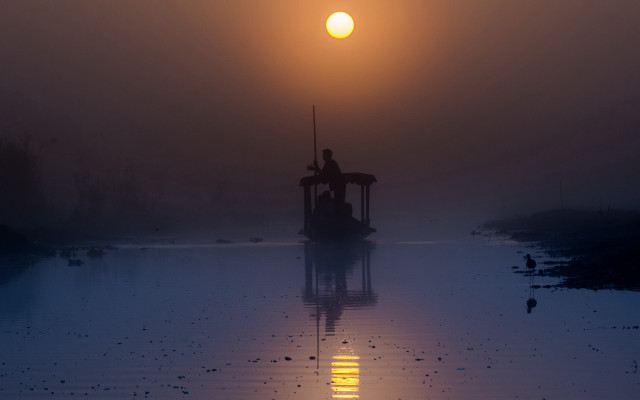 Boat sunset fog moon night free wallpaper - medium preview image