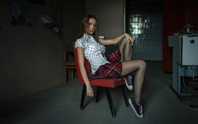 Woman white shirt red chair free wallpaper - medium preview image