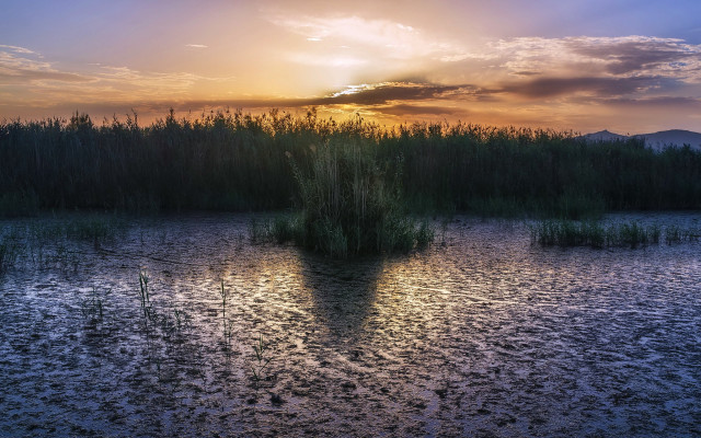 Lake island sunset clouds ecological free wallpaper - medium preview image