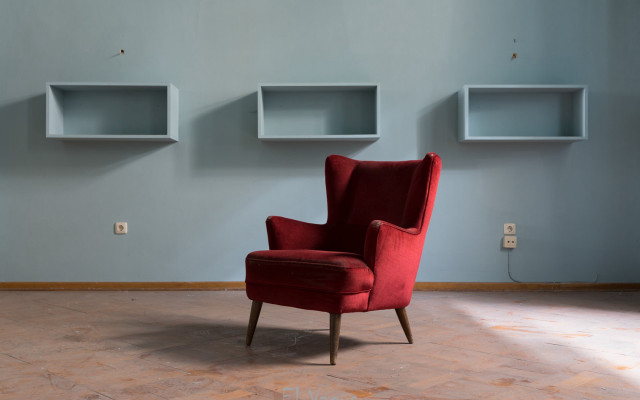 Red chair liminal space shelves free wallpaper - medium preview image
