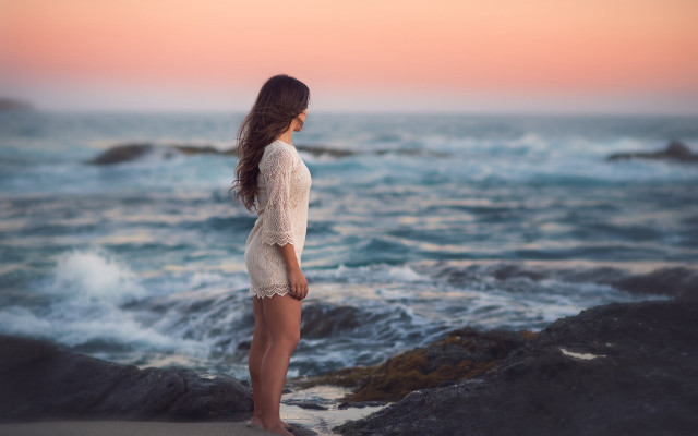 Beach woman sunset longhair art free wallpaper - medium preview image