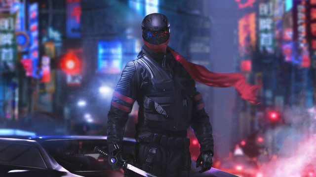 Futuristic city man sword cape free wallpaper - medium preview image