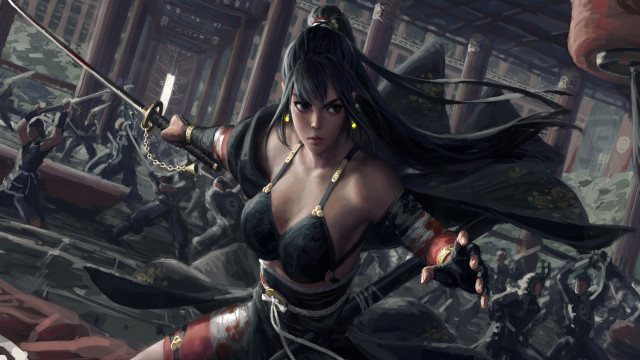 Fantasy woman sword city blood free wallpaper - medium preview image