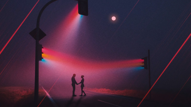 Night streetlight fullmoon cyberpunk synthwave free wallpaper - medium preview image