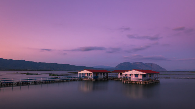 Houses pier lake sunset mountains free wallpaper - medium preview image