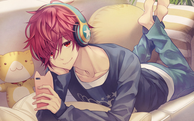 Man laying couch headphones teddy free wallpaper - medium preview image