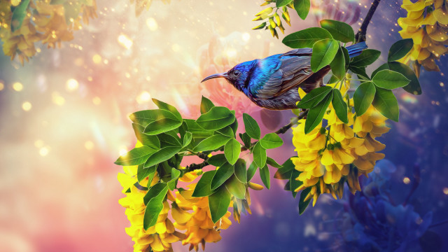 Bird branch yellowflowers digitalpainting naturereflection free wallpaper - medium preview image