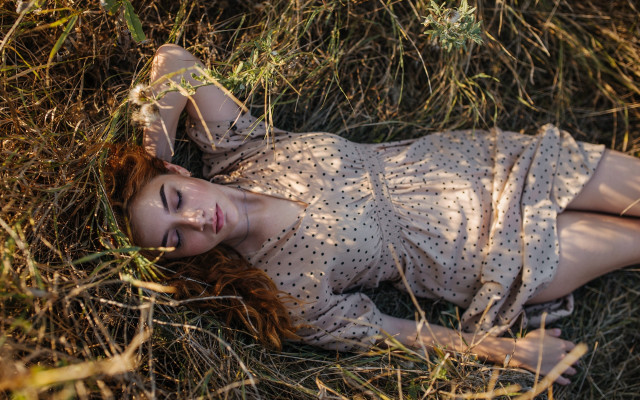 Woman lying grass fireflies christmas free wallpaper - medium preview image