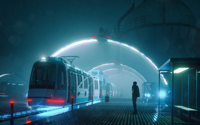 Futuristic train platform ferriswheel night free wallpaper - medium preview image