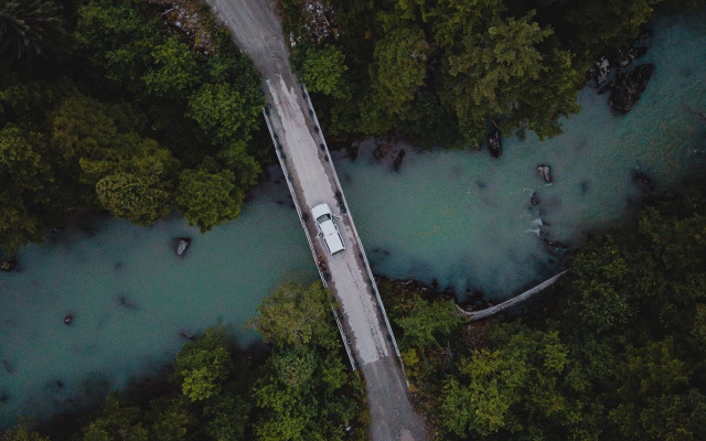 Road trees water car bridge free wallpaper - medium preview image