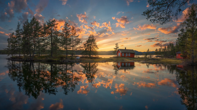 House island lake sunset autumn free wallpaper - medium preview image