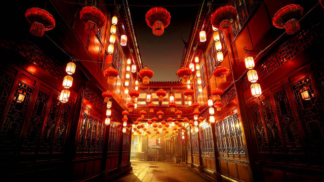 Long hallway lanterns night cityscape free wallpaper - medium preview image