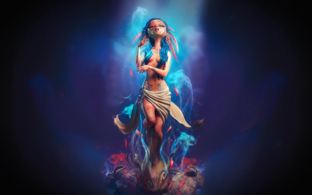 Woman sword demon blue background free wallpaper - medium preview image