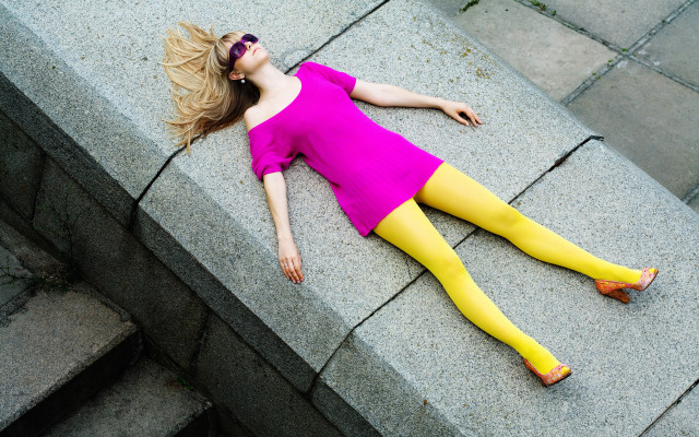 Woman pink dress ledge blonde free wallpaper - medium preview image