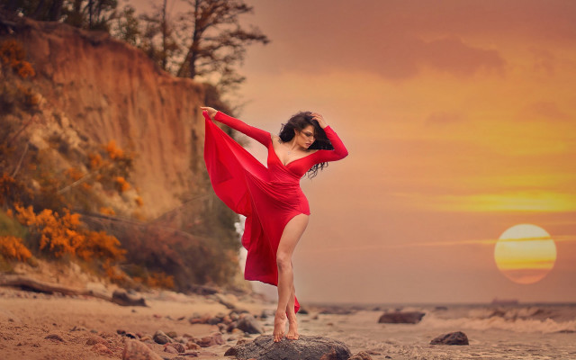 Woman dancing beach sunset red free wallpaper - medium preview image