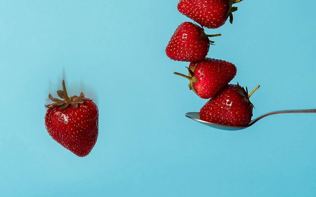 Spoon strawberries blue background berry free wallpaper - medium preview image