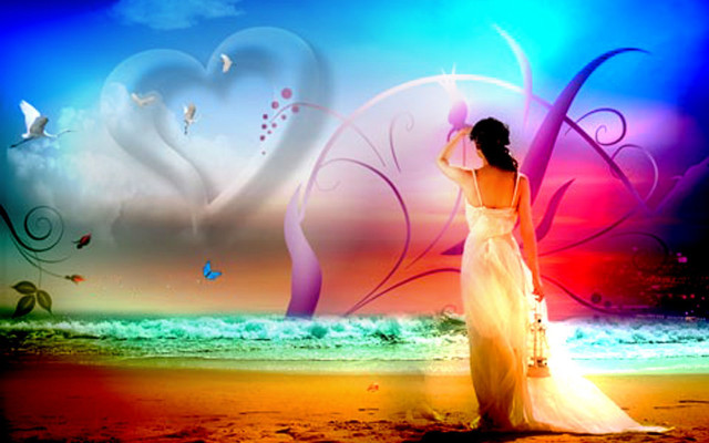 Woman white dress beach heart free wallpaper for desktop - medium preview image