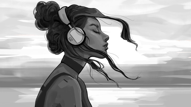 Woman headphones water clouds beach free wallpaper - medium preview image