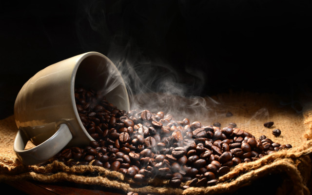 Coffee spill steaming table photorealism free wallpaper - medium preview image