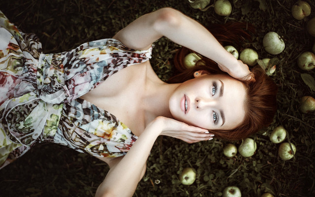 Woman apples grass field portrait free wallpaper - medium preview image