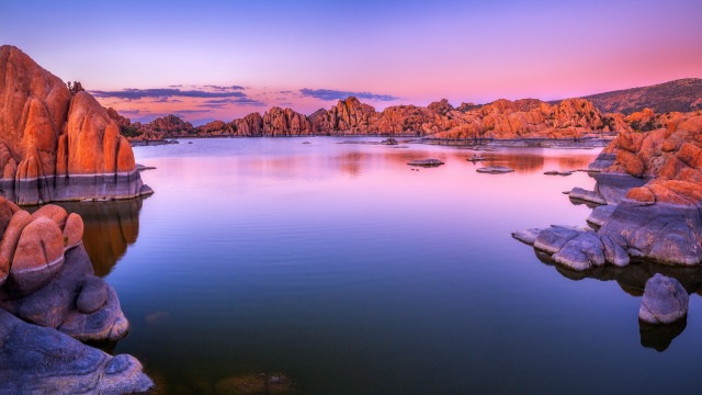 Lake rocks boats dusk mystical free wallpaper - medium preview image