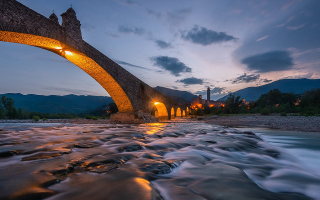 Bridge river mountains night light free wallpaper - medium preview image